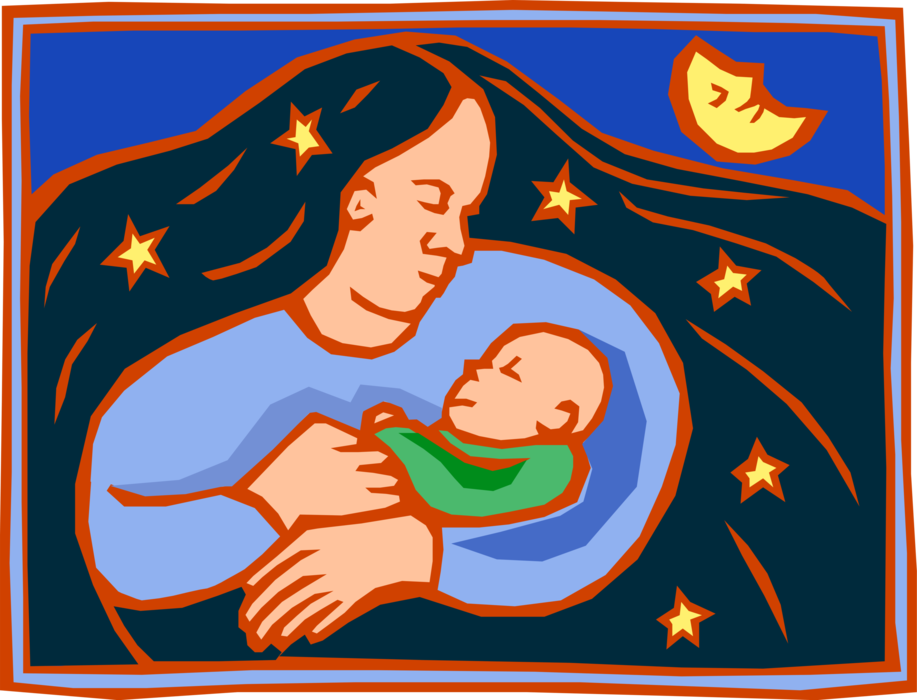 Vector Illustration of Mother at Night with Newborn Infant Baby Child
