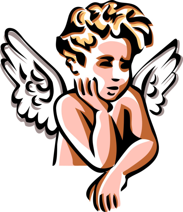 Vector Illustration of Angelic Spiritual Cherub Angel with Wings in Deep Thought and Contemplation