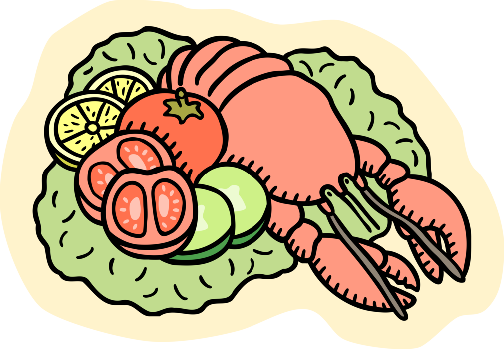 Vector Illustration of Clawed Marine Crustacean Lobster Shellfish Dinner with Tomatoes, Cucumbers and Lemon