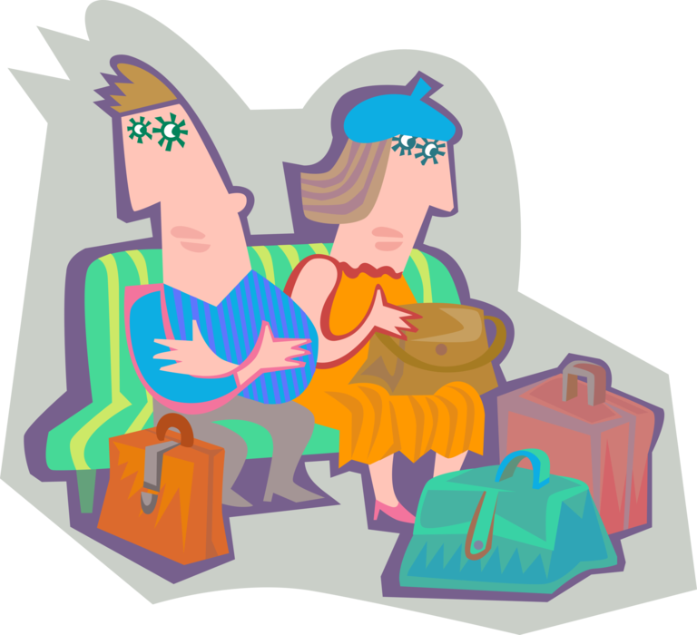 Vector Illustration of Vacation Couple Waiting in Airport to Depart for Journey