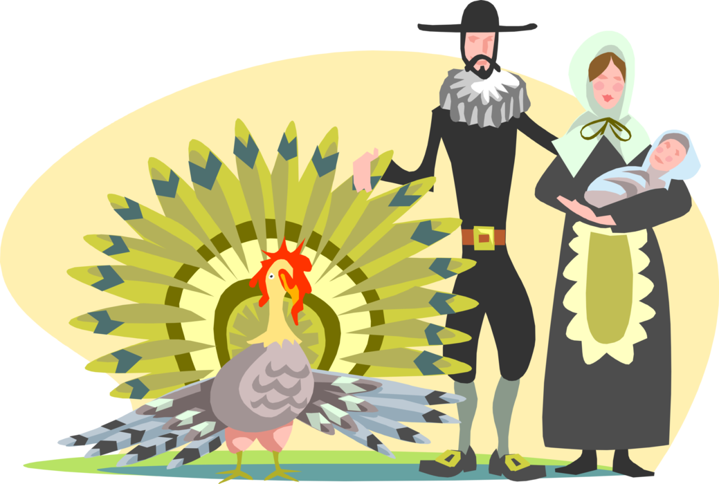 Vector Illustration of Early American Pilgrim Pioneers with Wild Turkey on Thanksgiving
