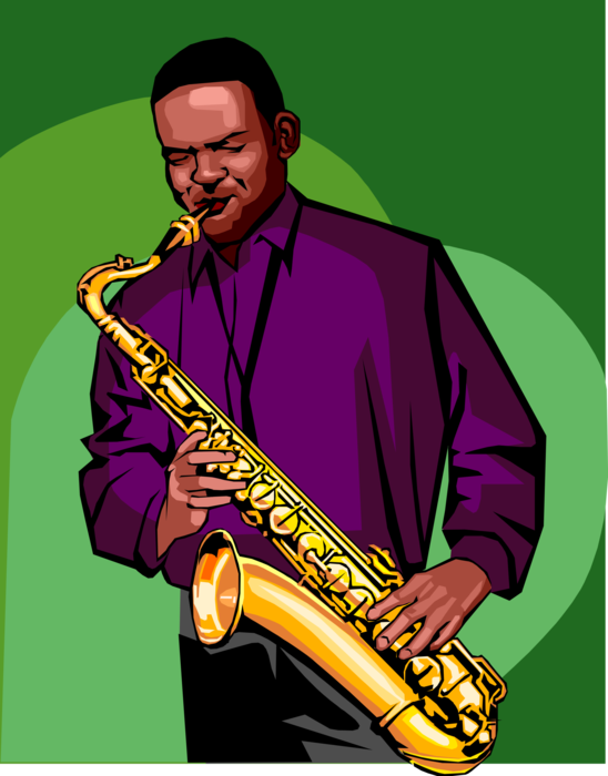 Vector Illustration of Jazz Musician Plays Saxophone Brass Single-Reed Mouthpiece Woodwind Instrument 