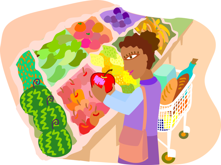 Vector Illustration of Grocery Produce Shopping with Fresh Fruits and Vegetables