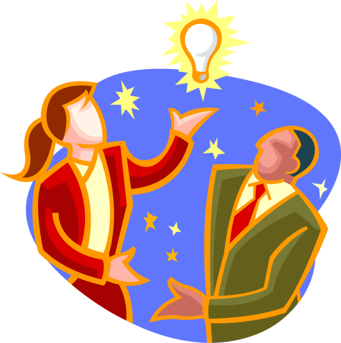 Vector Illustration of Business Colleagues Share Electric Light Bulb Symbol of Invention, Innovation, and Good Ideas