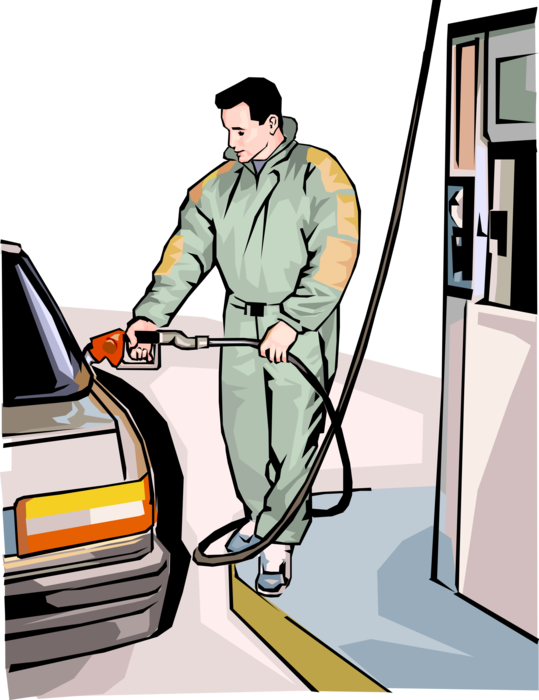 Vector Illustration of Service Station Attendant Filling Up Car with Petroleum Gasoline
