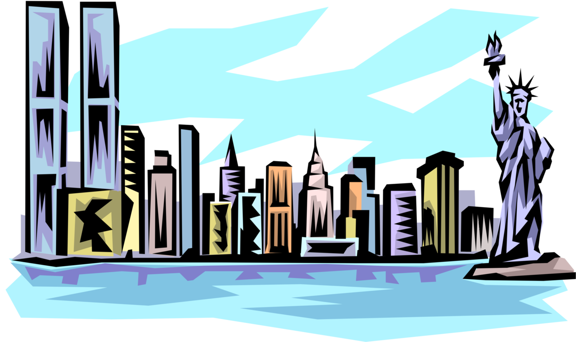 Vector Illustration of Pre 9/11 New York Skyline with Statue of Liberty