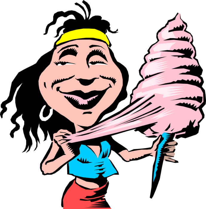 Vector Illustration of Woman Enjoys Candy Floss at the Carnival or Fair