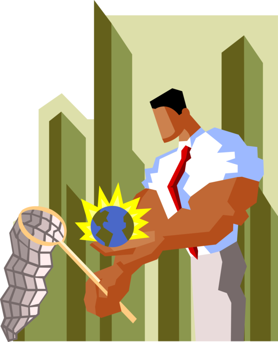 Vector Illustration of Powerful Businessman with Jacked Biceps and Forearms Chasing Global Opportunities
