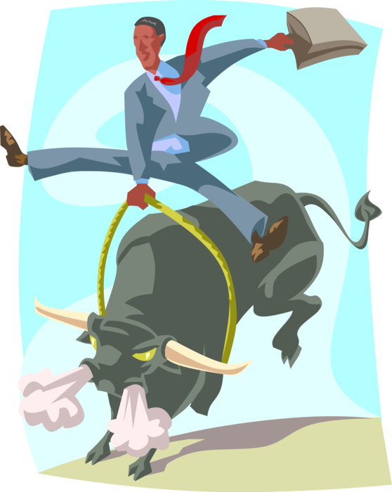 Vector Illustration of Businessman Bull Rider, Wall Street Stock Market Metaphor