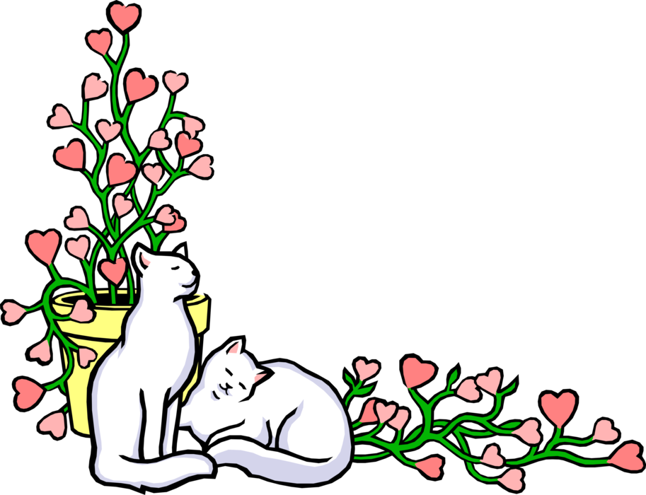 Vector Illustration of Floral Background with Small Cats and Heart Shaped Pink Flowers