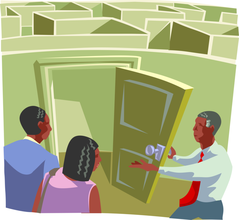 Vector Illustration of Maze Labyrinth with Walls and Passageways and Single Door Being Opened by Business Man