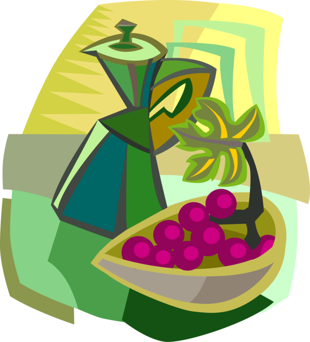 Vector Illustration of Coffee Pot with Fruit Grapes in Bowl