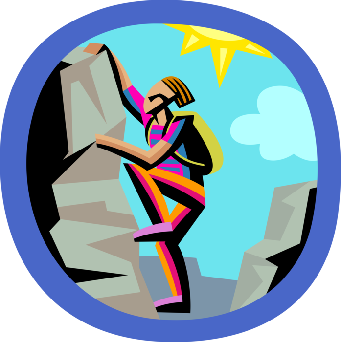Vector Illustration of Mountaineering Rock Climber Climbing Steep Rock Face in Summer