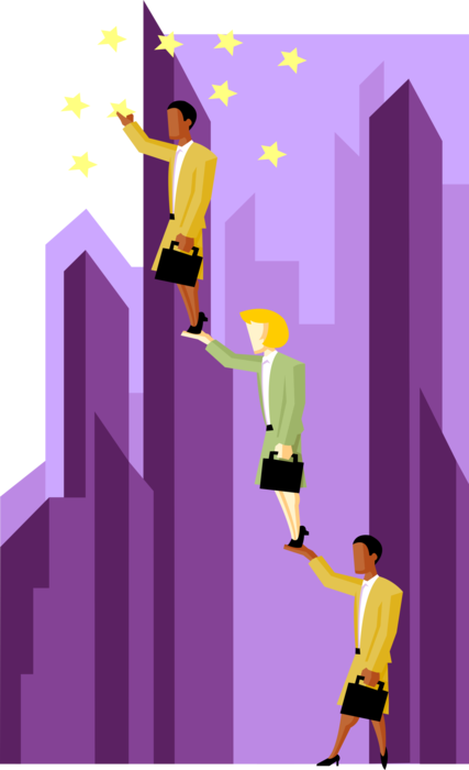 Vector Illustration of Businesswomen Elevate Through Teamwork to Grab Stars