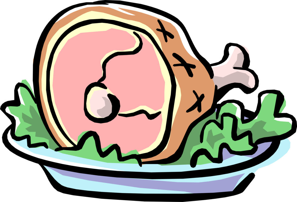Vector Illustration of Cooked Leg of Ham Pork Meat Dinner Meal on Serving Plater