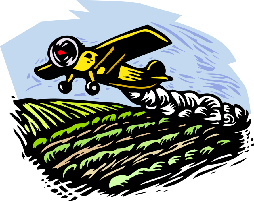 Vector Illustration of Small Fixed-Wing Propeller Aircraft Airplane Crop Duster Dusting Farm Field