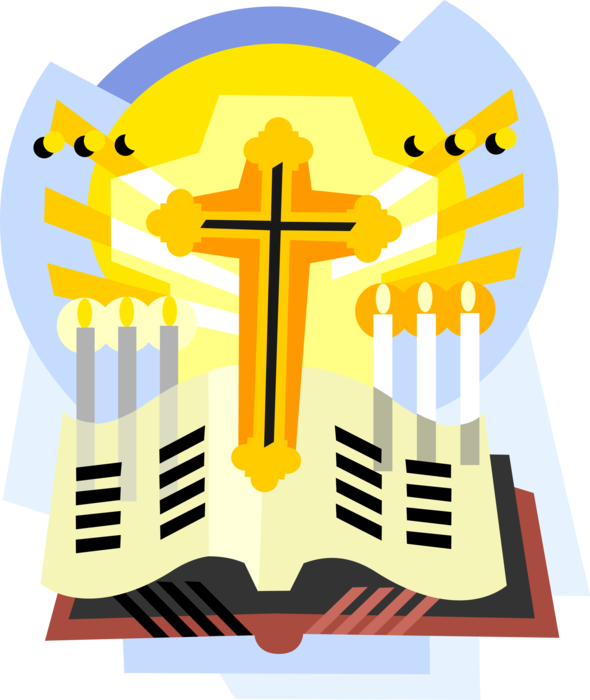 Vector Illustration of Christian Crucifix Cross with Holy Bible Book and Flaming Candles