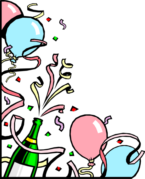 Vector Illustration of Champagne Celebration with Balloons and Ribbons