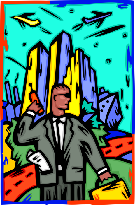 Vector Illustration of Man with Mobile Smartphone Phone with City and Air Travel Jets