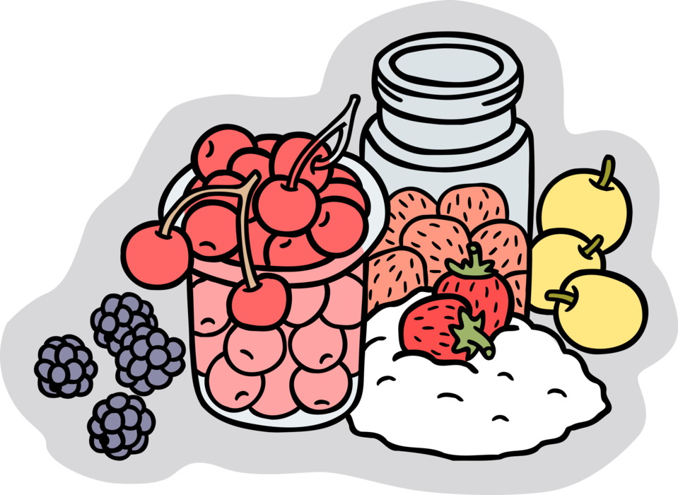 Vector Illustration of Making Fruit Preserves with Plums, Cherries, Strawberries and Blackberries