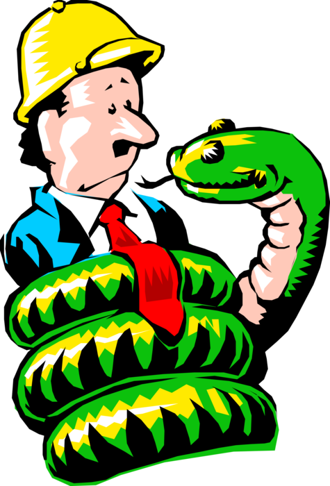 Vector Illustration of Businessman Strangled By Reptile Python Snake on Safari 