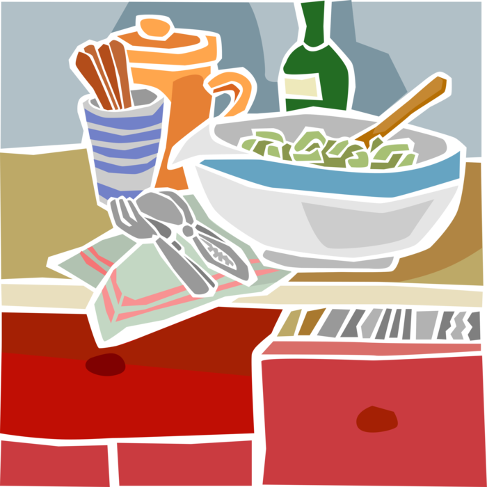 Vector Illustration of Green Salad Preparation on Kitchen Counter
