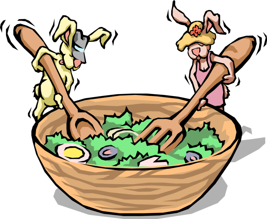 Vector Illustration of Small Mammal Rabbits Toss Fresh Green Salad in Bowl