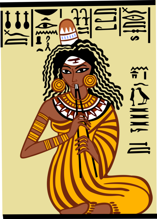 Vector Illustration of Tomb Painting Depicting Egyptian Woman Seated Playing Instrument