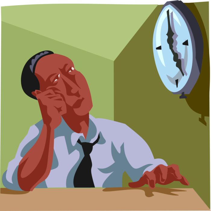 Vector Illustration of Office Worker Watching the Clock and Waiting for 5:00 PM