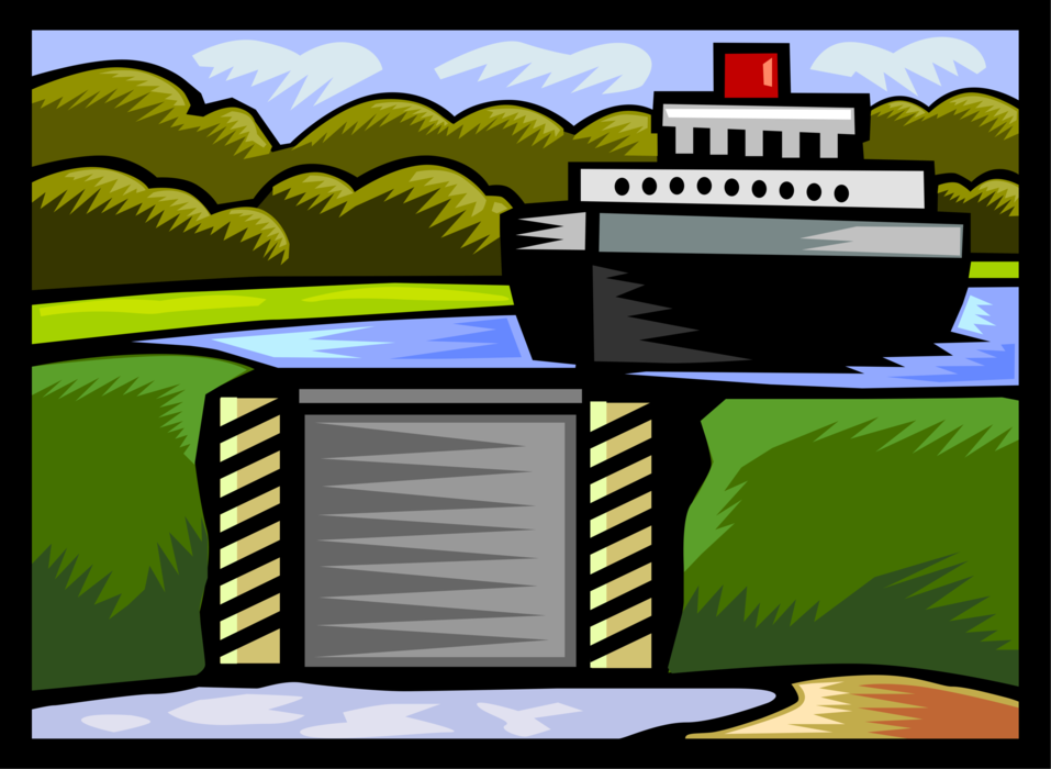 Vector Illustration of Ship in Waterway Canal Approaching Locks for Raising and Lowering Boats and Watercraft