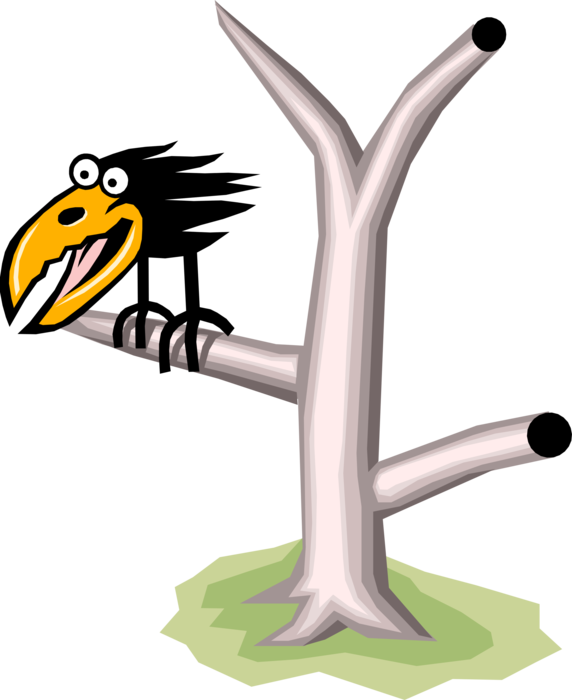 Vector Illustration of Crow Bird Sits in Tree