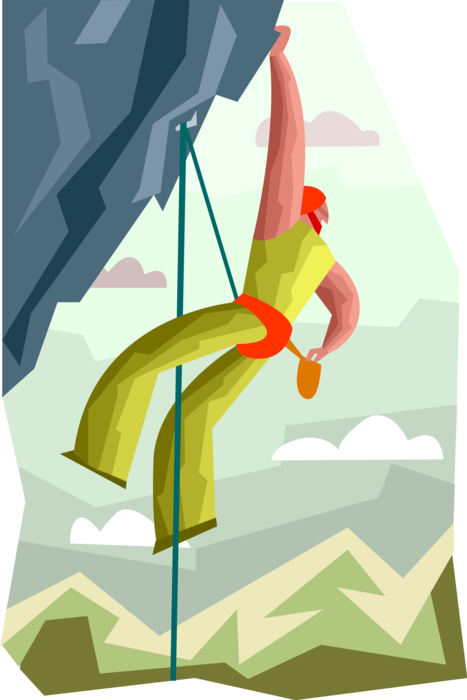 Vector Illustration of Mountaineering Rock Climber Climbing with Rope in Mountains