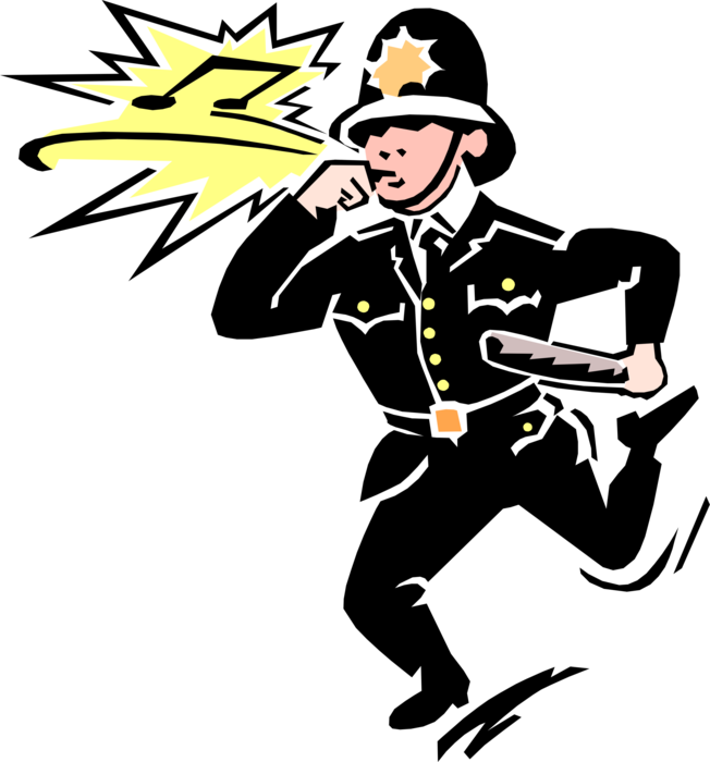Vector Illustration of 1950's Vintage Style British Bobby Policeman Blows Whistle Chasing Criminals