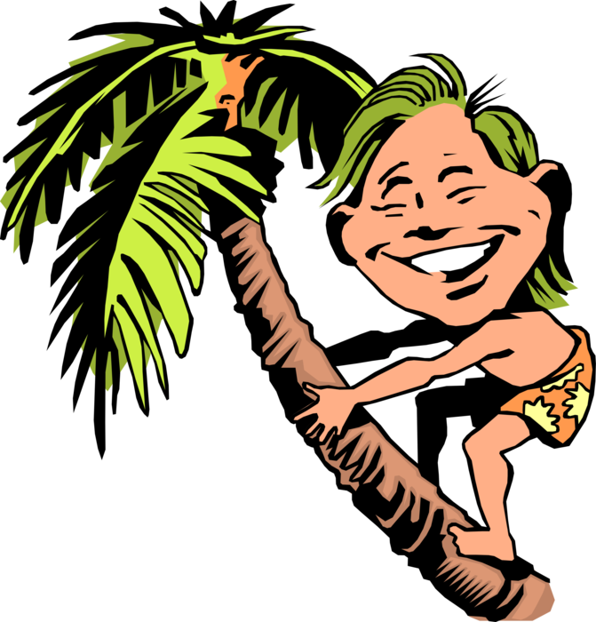 Vector Illustration of Native Hawaiian Boy Climbs Palm Tree