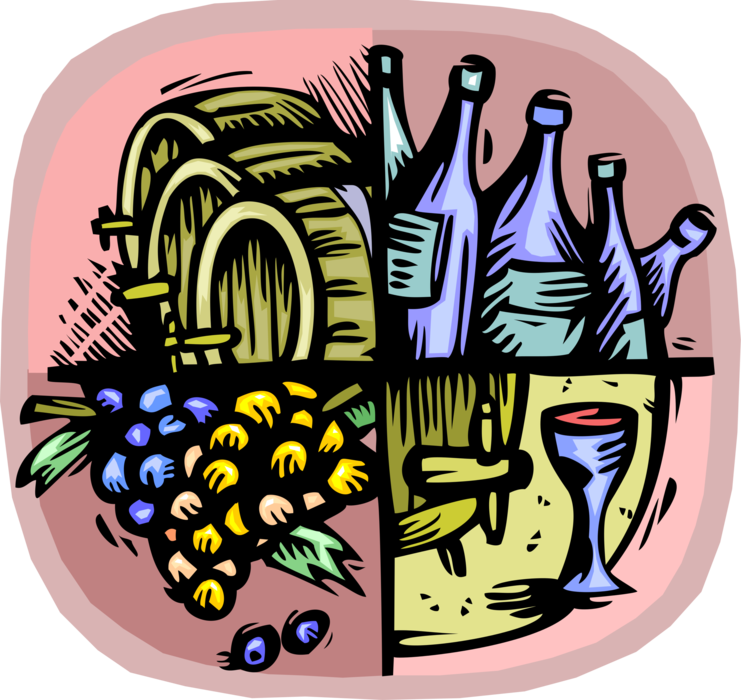 Vector Illustration of Wine Industry Barrel Casks, Bottles, Testing and Vineyard Grapes on the Vine