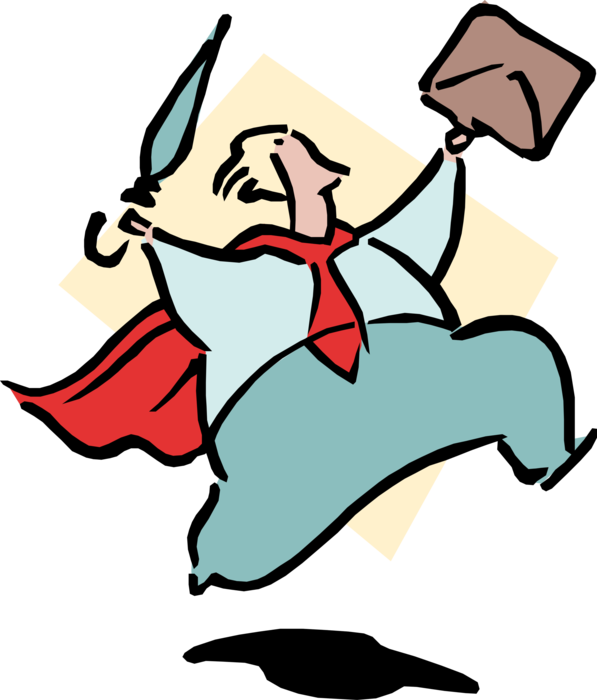Vector Illustration of Businessman Super Hero or Superhero Superman with Red Cape Runs with Briefcase and Umbrella