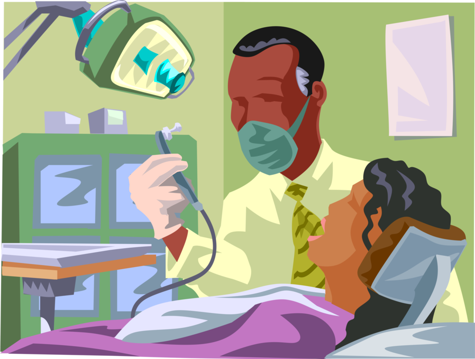 Vector Illustration of Dentist Works with Patient with Dental Drill