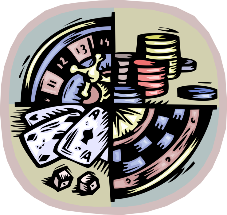 Vector Illustration of Casino Gambling Games of Chance Roulette Wheel with Poker Chips and Playing Cards