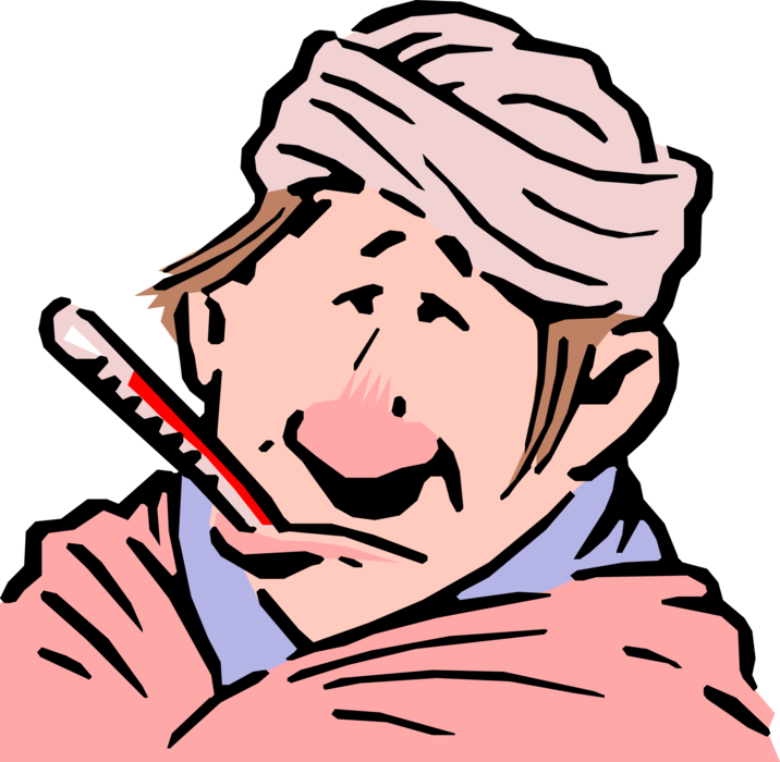 Vector Illustration of Sick Patient Has Temperature Taken with Thermometer