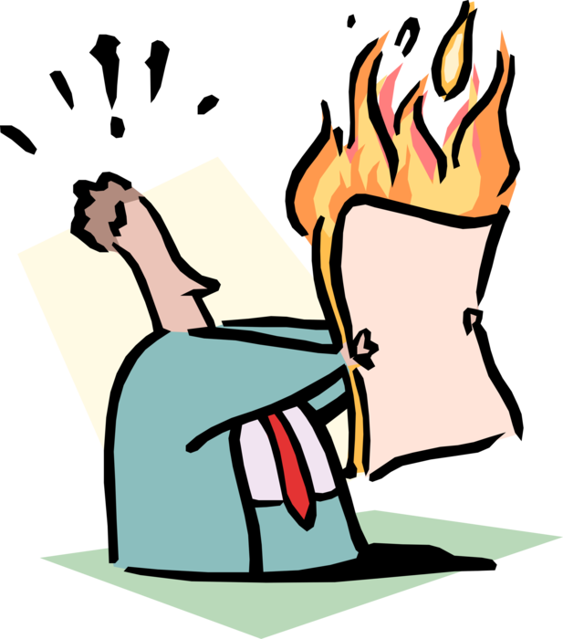 Vector Illustration of Businessman Holds Hot Project File on Fire