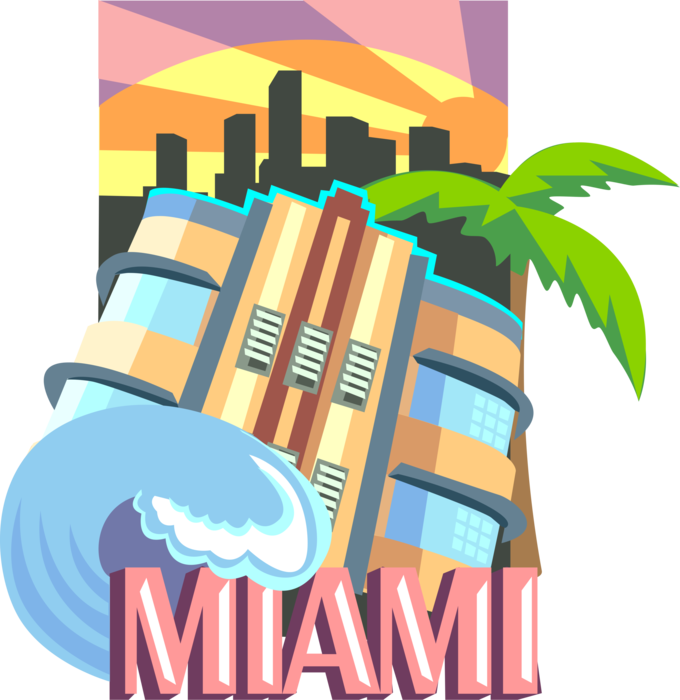 Vector Illustration of South Beach Miami Florida Nightlife and Surf