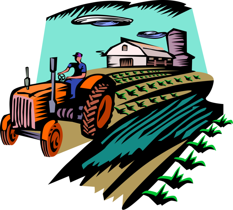 Vector Illustration of Farmer with Equipment Tractor in Fields with Barn
