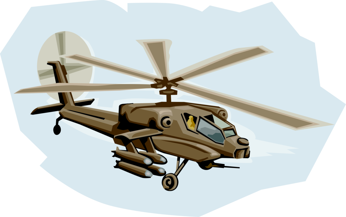 Vector Illustration of Boeing AH-64 Apache Attack Helicopter with Nose-Mounted Target Acquisition Sensor