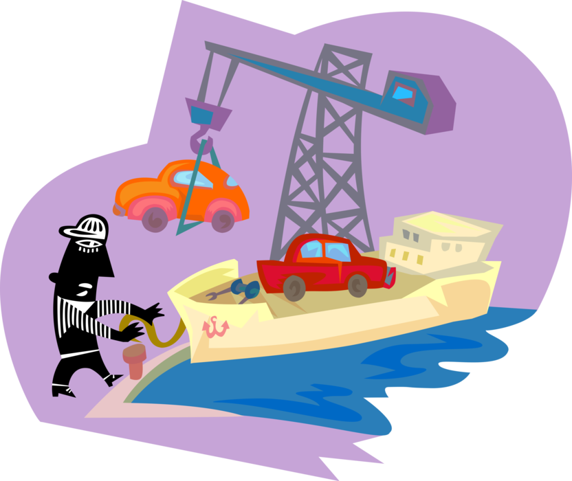 Vector Illustration of Automobiles Being Loaded by Crane onto Cargo Ship Vessel