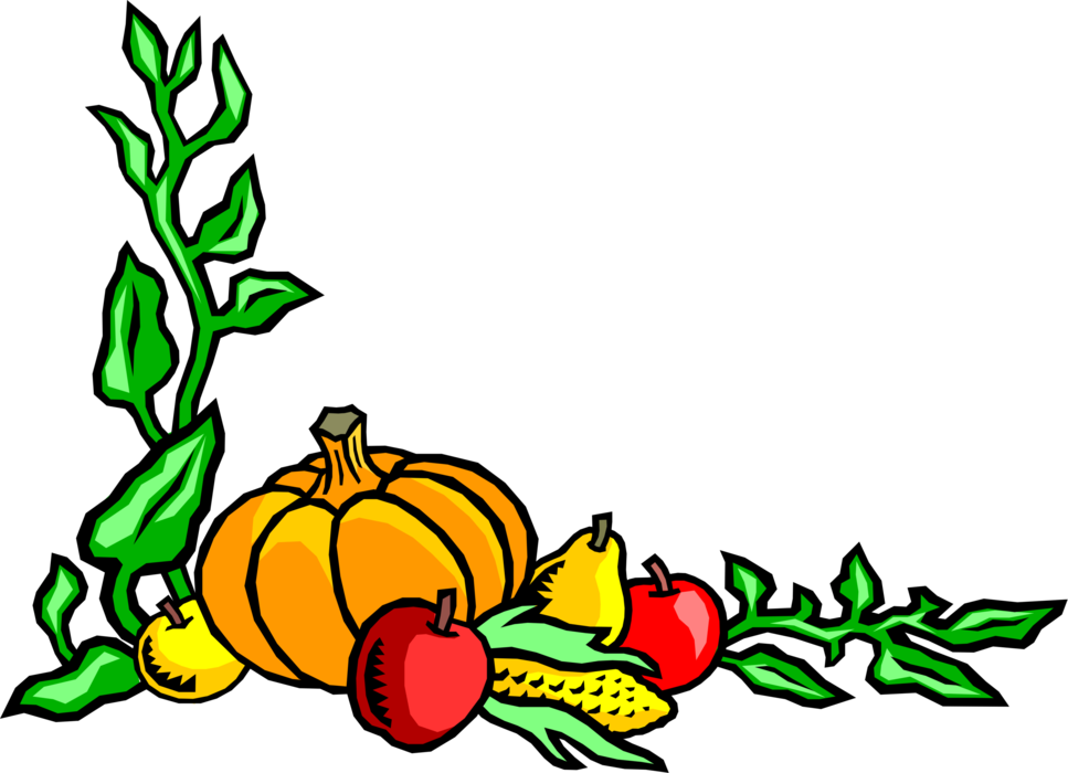 Vector Illustration of Fall or Autumn Harvest Border with Pumpkin, Corn, Apples and Pears