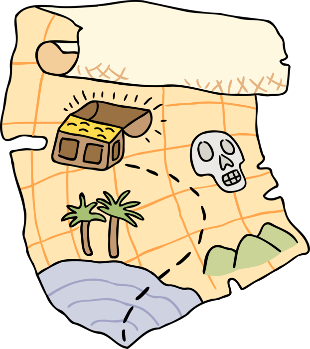Vector Illustration of Pirate Treasure Map Shows Location of Buried Treasure Chest