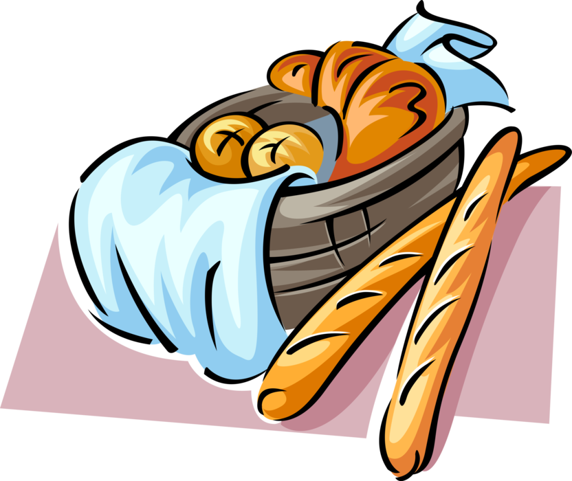 Vector Illustration of Fresh Baked French Baguette Bread with Basket of Viennoiserie-Pastry Croissant