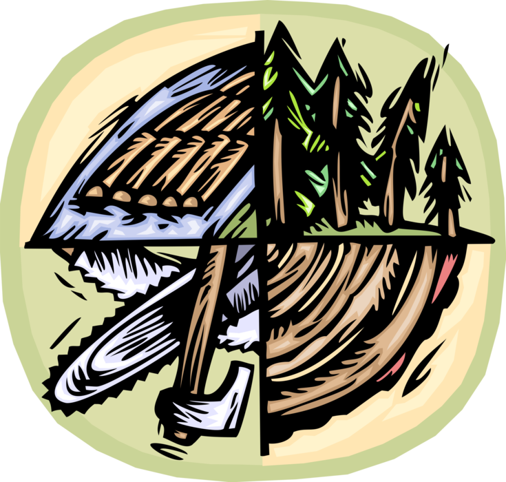 Vector Illustration of Forestry Industry Timber Logging and Tree Felling with Axes and Chainsaws