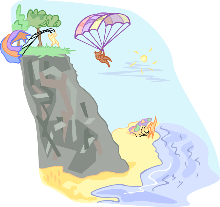 Vector Illustration of Parachutists Jumping Off Cliff at Seashore with Parachutes