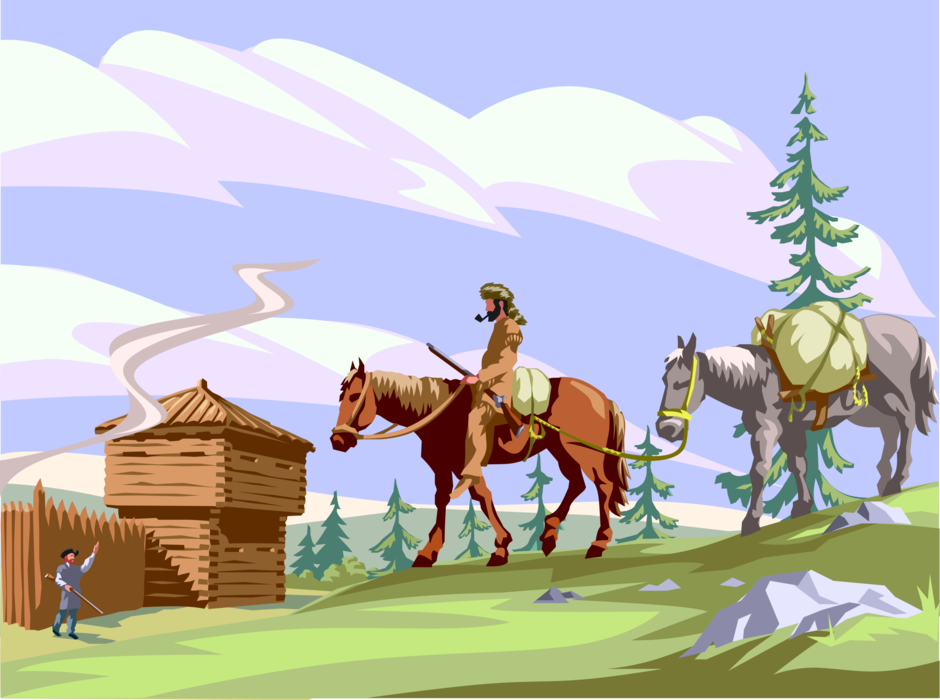 Vector Illustration of American Old West with Trapper on Horse and Donkey and Fortified Fort